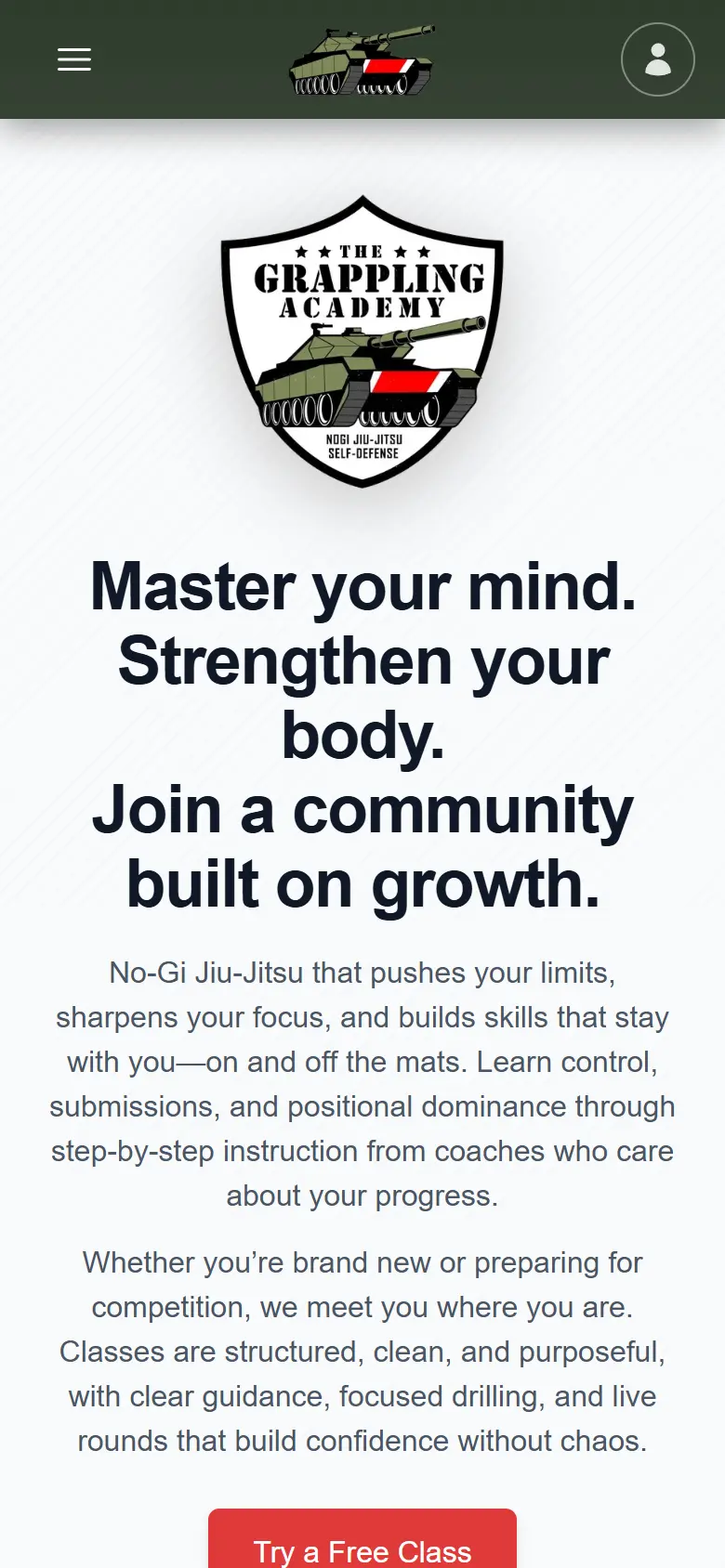 The Grappling Academy home page on a phone.